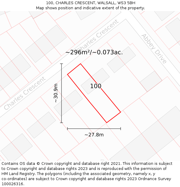 100, CHARLES CRESCENT, WALSALL, WS3 5BH: Plot and title map