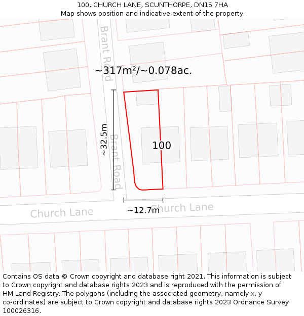 100, CHURCH LANE, SCUNTHORPE, DN15 7HA: Plot and title map