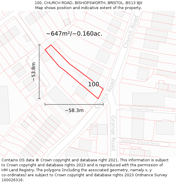 100, CHURCH ROAD, BISHOPSWORTH, BRISTOL, BS13 8JX: Plot and title map