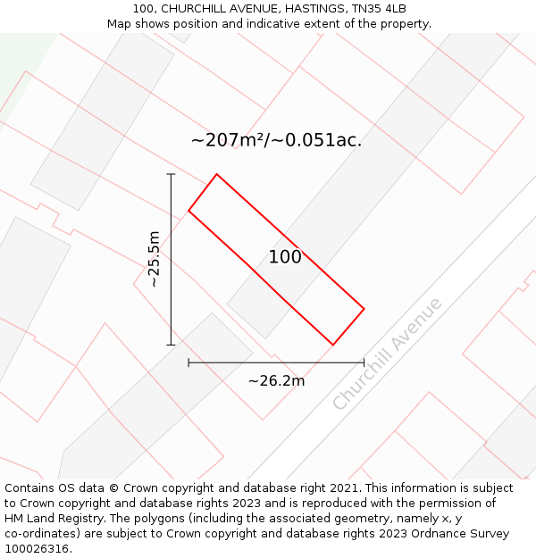 100, CHURCHILL AVENUE, HASTINGS, TN35 4LB: Plot and title map