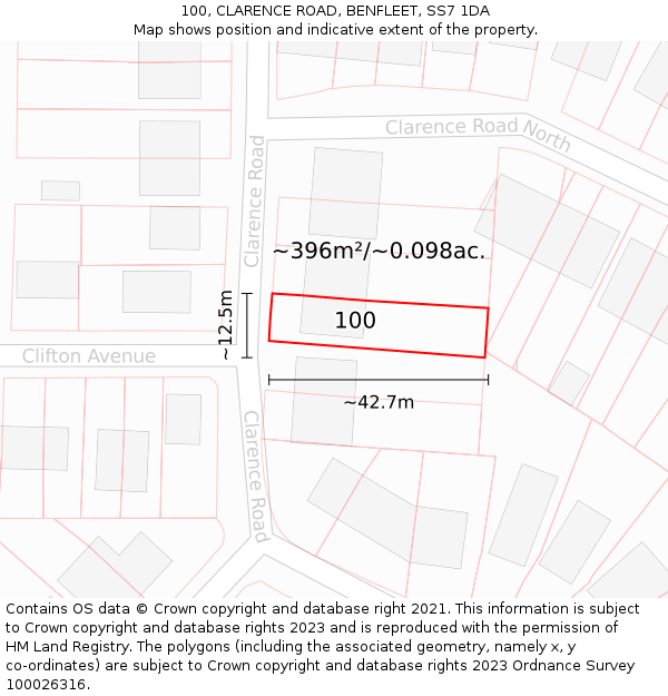 100, CLARENCE ROAD, BENFLEET, SS7 1DA: Plot and title map