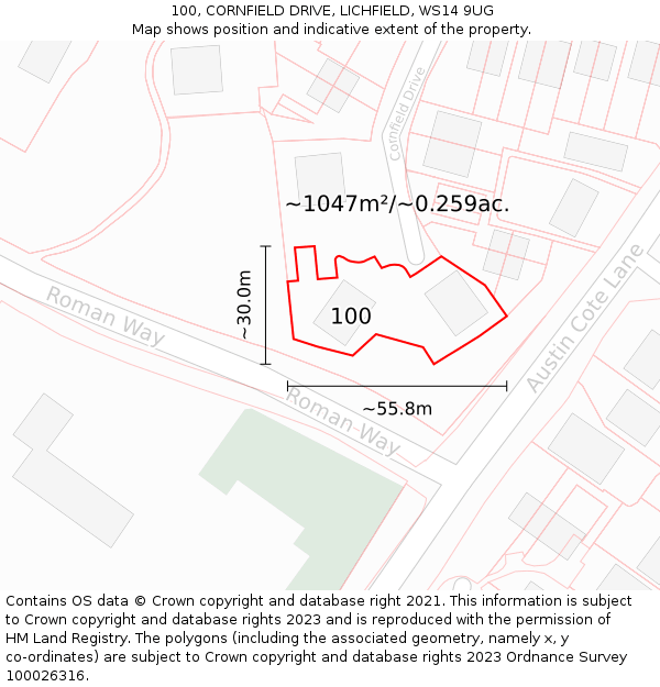 100, CORNFIELD DRIVE, LICHFIELD, WS14 9UG: Plot and title map