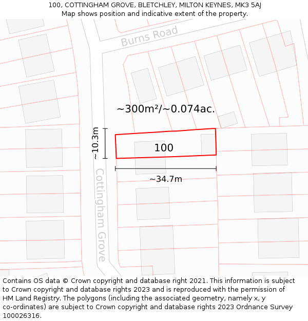 100, COTTINGHAM GROVE, BLETCHLEY, MILTON KEYNES, MK3 5AJ: Plot and title map