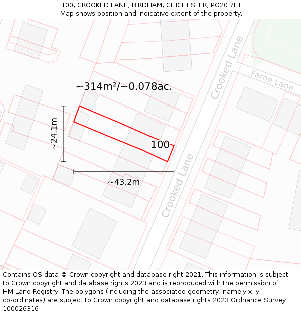 100, CROOKED LANE, BIRDHAM, CHICHESTER, PO20 7ET: Plot and title map