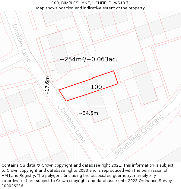 100, DIMBLES LANE, LICHFIELD, WS13 7JJ: Plot and title map