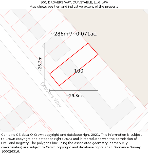 100, DROVERS WAY, DUNSTABLE, LU6 1AW: Plot and title map