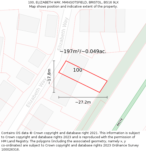 100, ELIZABETH WAY, MANGOTSFIELD, BRISTOL, BS16 9LX: Plot and title map