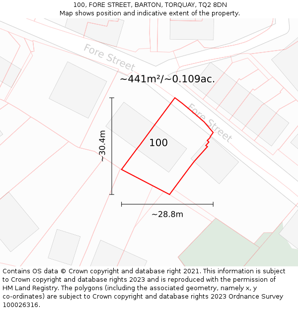 100, FORE STREET, BARTON, TORQUAY, TQ2 8DN: Plot and title map