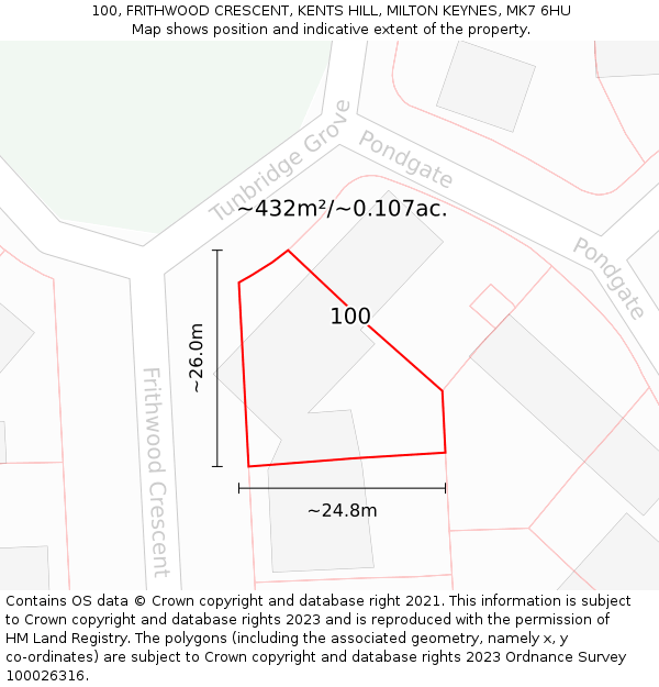 100, FRITHWOOD CRESCENT, KENTS HILL, MILTON KEYNES, MK7 6HU: Plot and title map