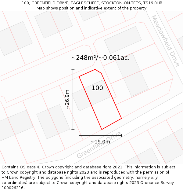 100, GREENFIELD DRIVE, EAGLESCLIFFE, STOCKTON-ON-TEES, TS16 0HR: Plot and title map