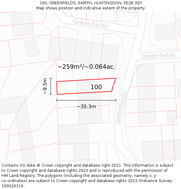 100, GREENFIELDS, EARITH, HUNTINGDON, PE28 3QY: Plot and title map