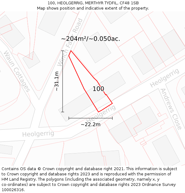 100, HEOLGERRIG, MERTHYR TYDFIL, CF48 1SB: Plot and title map