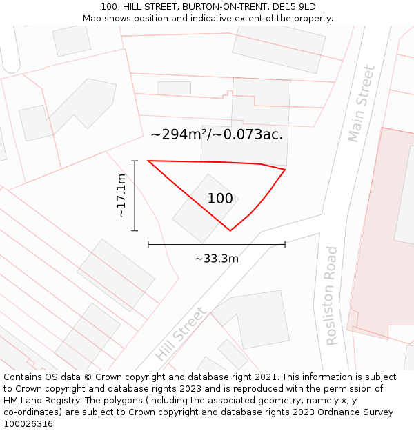 100, HILL STREET, BURTON-ON-TRENT, DE15 9LD: Plot and title map
