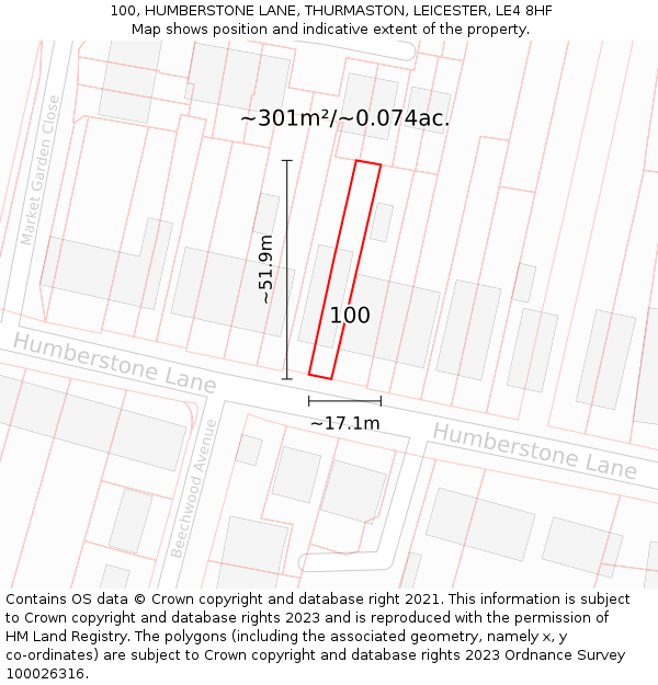 100, HUMBERSTONE LANE, THURMASTON, LEICESTER, LE4 8HF: Plot and title map