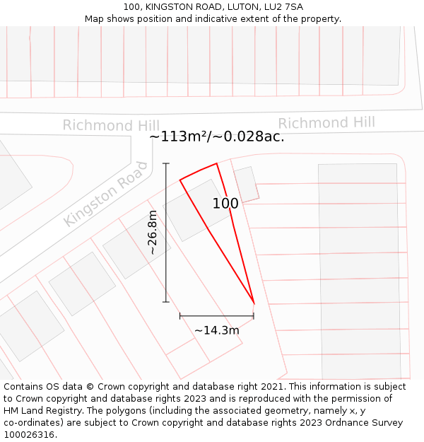 100, KINGSTON ROAD, LUTON, LU2 7SA: Plot and title map
