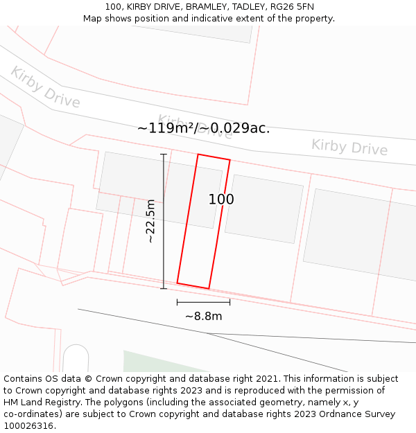 100, KIRBY DRIVE, BRAMLEY, TADLEY, RG26 5FN: Plot and title map