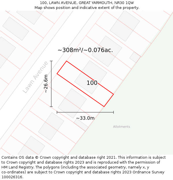 100, LAWN AVENUE, GREAT YARMOUTH, NR30 1QW: Plot and title map