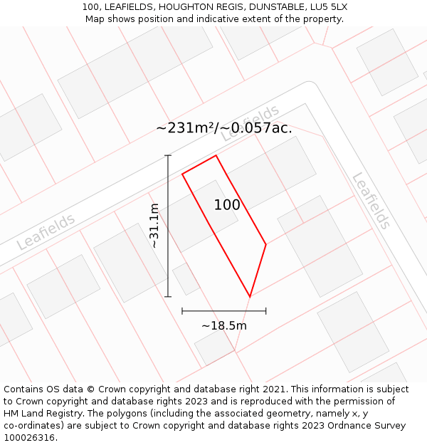 100, LEAFIELDS, HOUGHTON REGIS, DUNSTABLE, LU5 5LX: Plot and title map