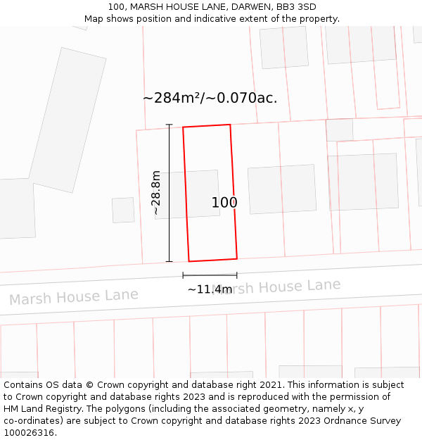 100, MARSH HOUSE LANE, DARWEN, BB3 3SD: Plot and title map