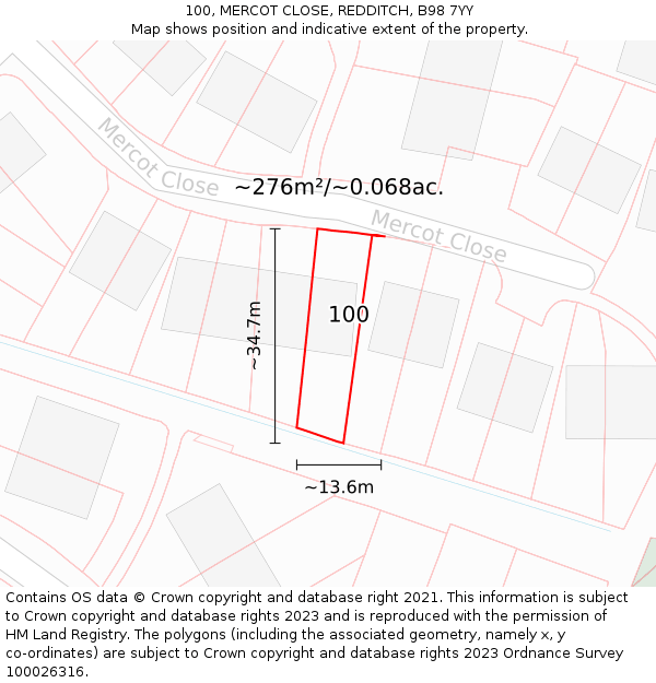 100, MERCOT CLOSE, REDDITCH, B98 7YY: Plot and title map