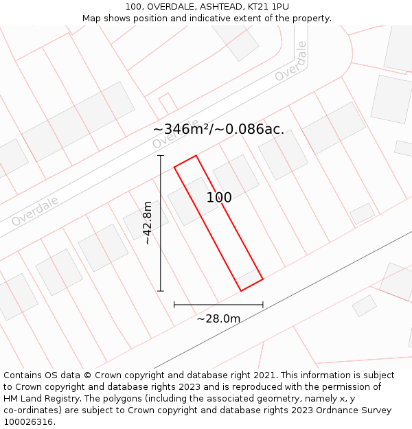 100, OVERDALE, ASHTEAD, KT21 1PU: Plot and title map