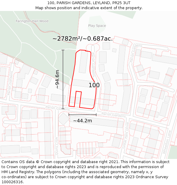 100, PARISH GARDENS, LEYLAND, PR25 3UT: Plot and title map