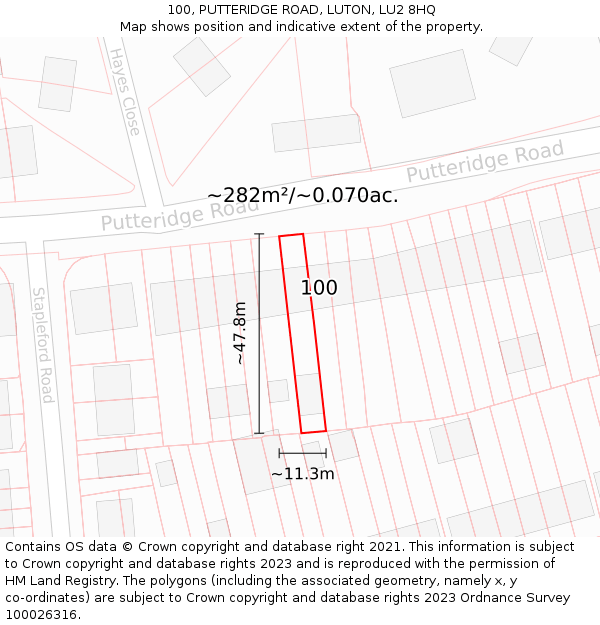 100, PUTTERIDGE ROAD, LUTON, LU2 8HQ: Plot and title map