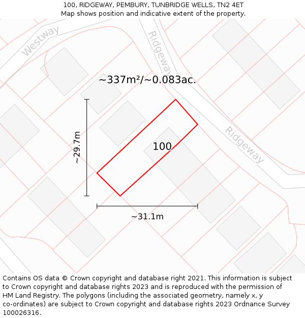 100, RIDGEWAY, PEMBURY, TUNBRIDGE WELLS, TN2 4ET: Plot and title map
