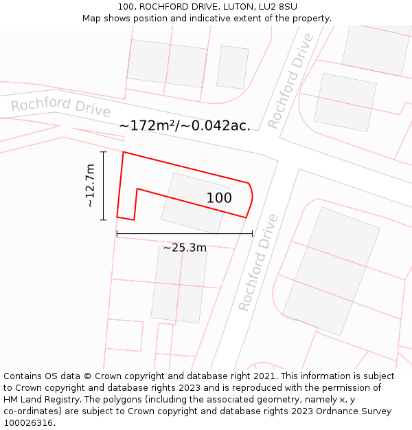 100, ROCHFORD DRIVE, LUTON, LU2 8SU: Plot and title map