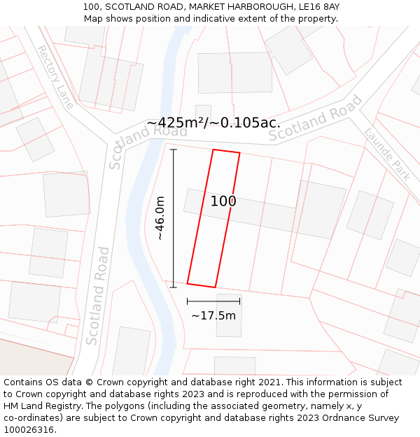 100, SCOTLAND ROAD, MARKET HARBOROUGH, LE16 8AY: Plot and title map