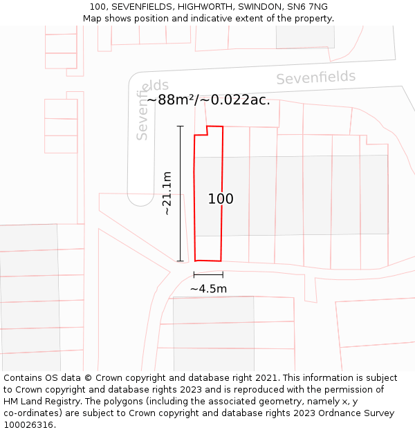 100, SEVENFIELDS, HIGHWORTH, SWINDON, SN6 7NG: Plot and title map