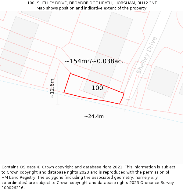 100, SHELLEY DRIVE, BROADBRIDGE HEATH, HORSHAM, RH12 3NT: Plot and title map