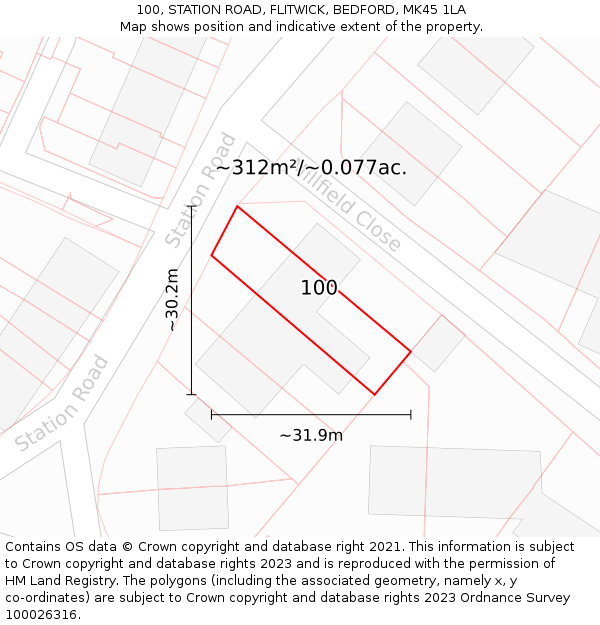 100, STATION ROAD, FLITWICK, BEDFORD, MK45 1LA: Plot and title map