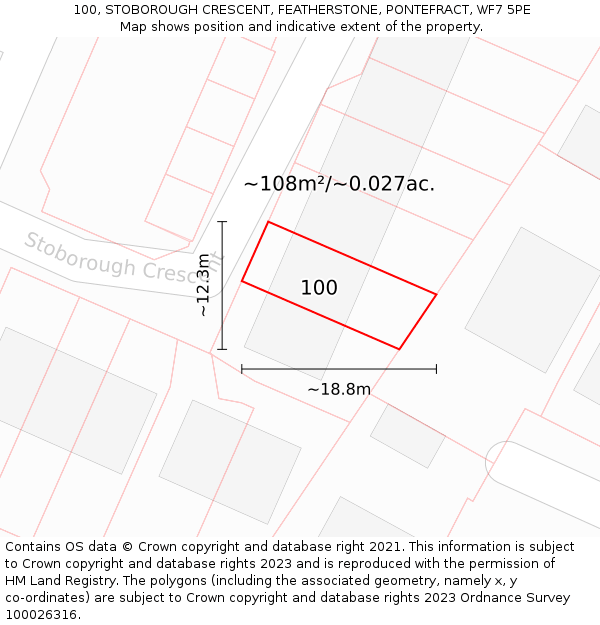 100, STOBOROUGH CRESCENT, FEATHERSTONE, PONTEFRACT, WF7 5PE: Plot and title map