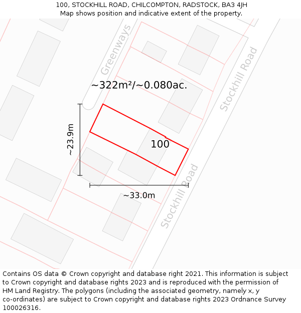 100, STOCKHILL ROAD, CHILCOMPTON, RADSTOCK, BA3 4JH: Plot and title map