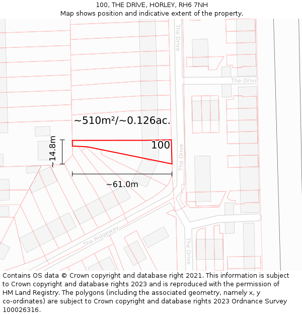 100, THE DRIVE, HORLEY, RH6 7NH: Plot and title map