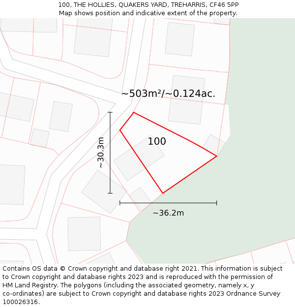 100, THE HOLLIES, QUAKERS YARD, TREHARRIS, CF46 5PP: Plot and title map