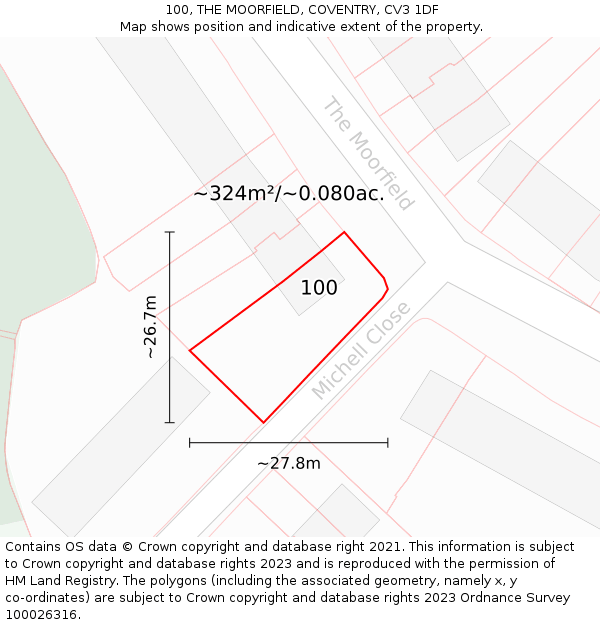 100, THE MOORFIELD, COVENTRY, CV3 1DF: Plot and title map