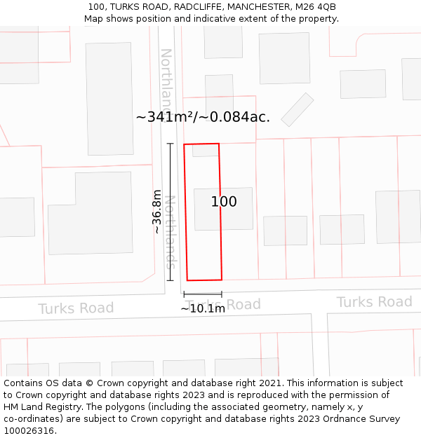 100, TURKS ROAD, RADCLIFFE, MANCHESTER, M26 4QB: Plot and title map