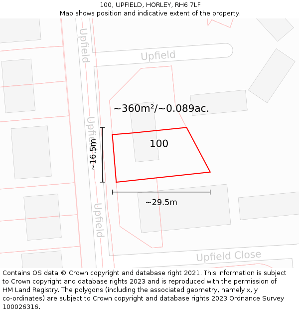 100, UPFIELD, HORLEY, RH6 7LF: Plot and title map