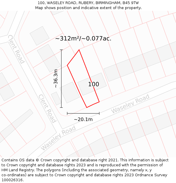 100, WASELEY ROAD, RUBERY, BIRMINGHAM, B45 9TW: Plot and title map