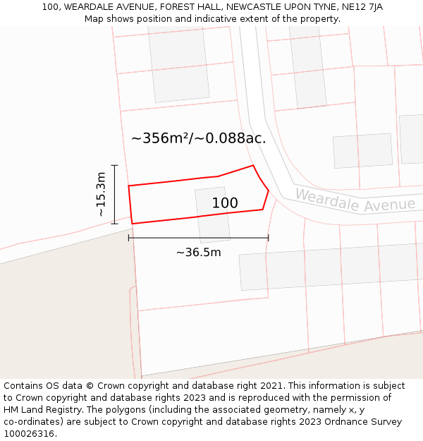 100, WEARDALE AVENUE, FOREST HALL, NEWCASTLE UPON TYNE, NE12 7JA: Plot and title map
