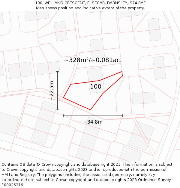 100, WELLAND CRESCENT, ELSECAR, BARNSLEY, S74 8AE: Plot and title map