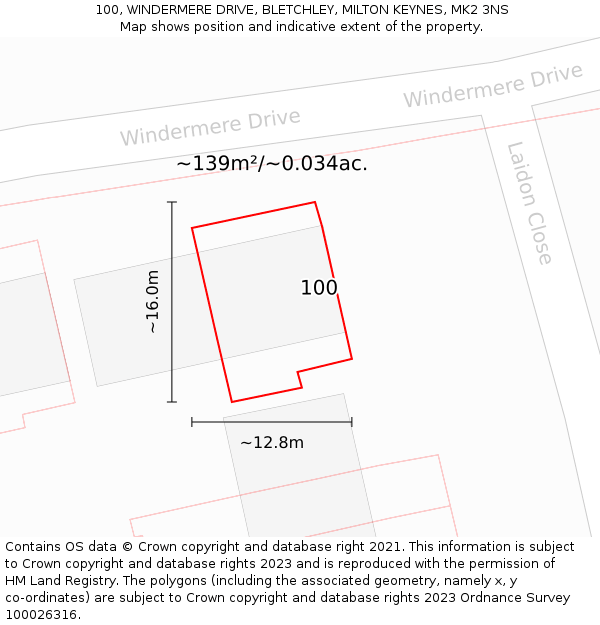 100, WINDERMERE DRIVE, BLETCHLEY, MILTON KEYNES, MK2 3NS: Plot and title map
