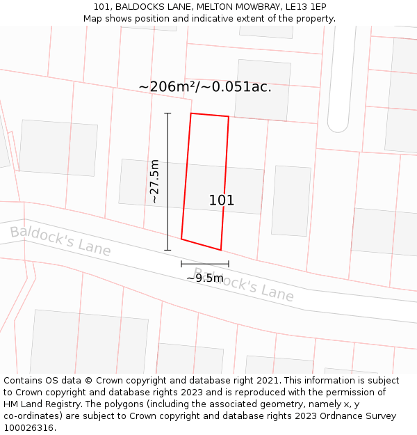 101, BALDOCKS LANE, MELTON MOWBRAY, LE13 1EP: Plot and title map