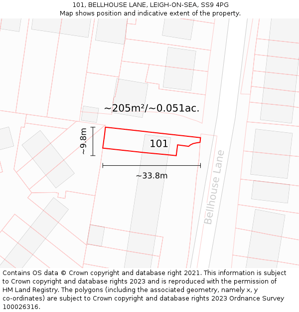 101, BELLHOUSE LANE, LEIGH-ON-SEA, SS9 4PG: Plot and title map