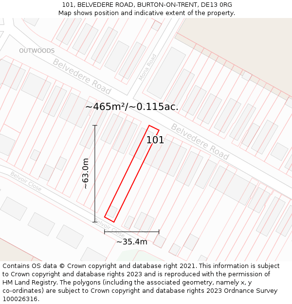 101, BELVEDERE ROAD, BURTON-ON-TRENT, DE13 0RG: Plot and title map