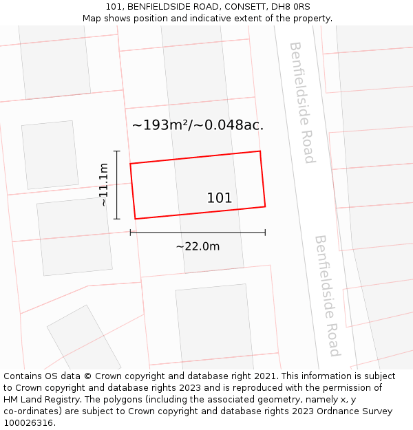 101, BENFIELDSIDE ROAD, CONSETT, DH8 0RS: Plot and title map