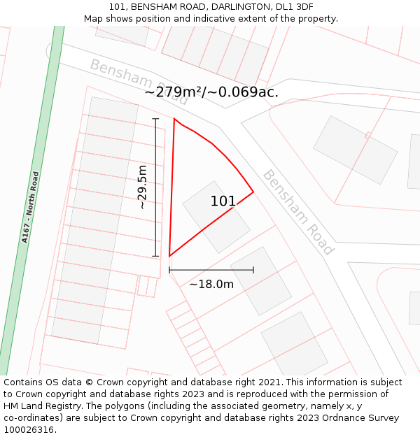 101, BENSHAM ROAD, DARLINGTON, DL1 3DF: Plot and title map