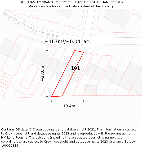 101, BRAMLEY GRANGE CRESCENT, BRAMLEY, ROTHERHAM, S66 2UX: Plot and title map